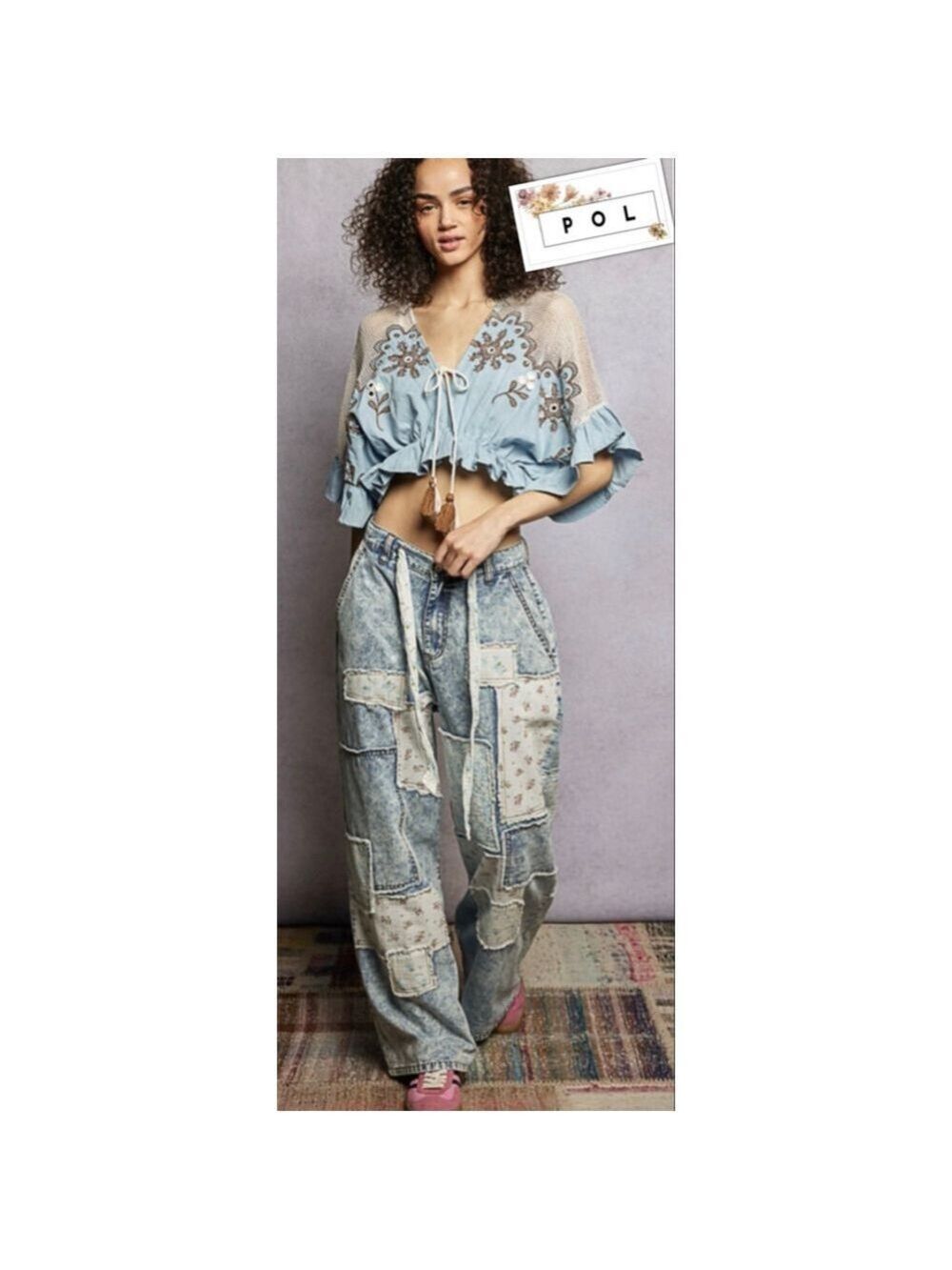 New POL Denim Patchwork Boho Chic Baggy Y2K Free People Vibe Pants Sizes M, L - Picture 9 of 9